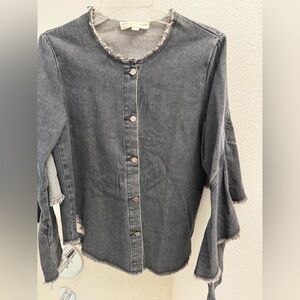 Robert Rodriguez Washed Black Denim Frayed-Trim Button Front Top